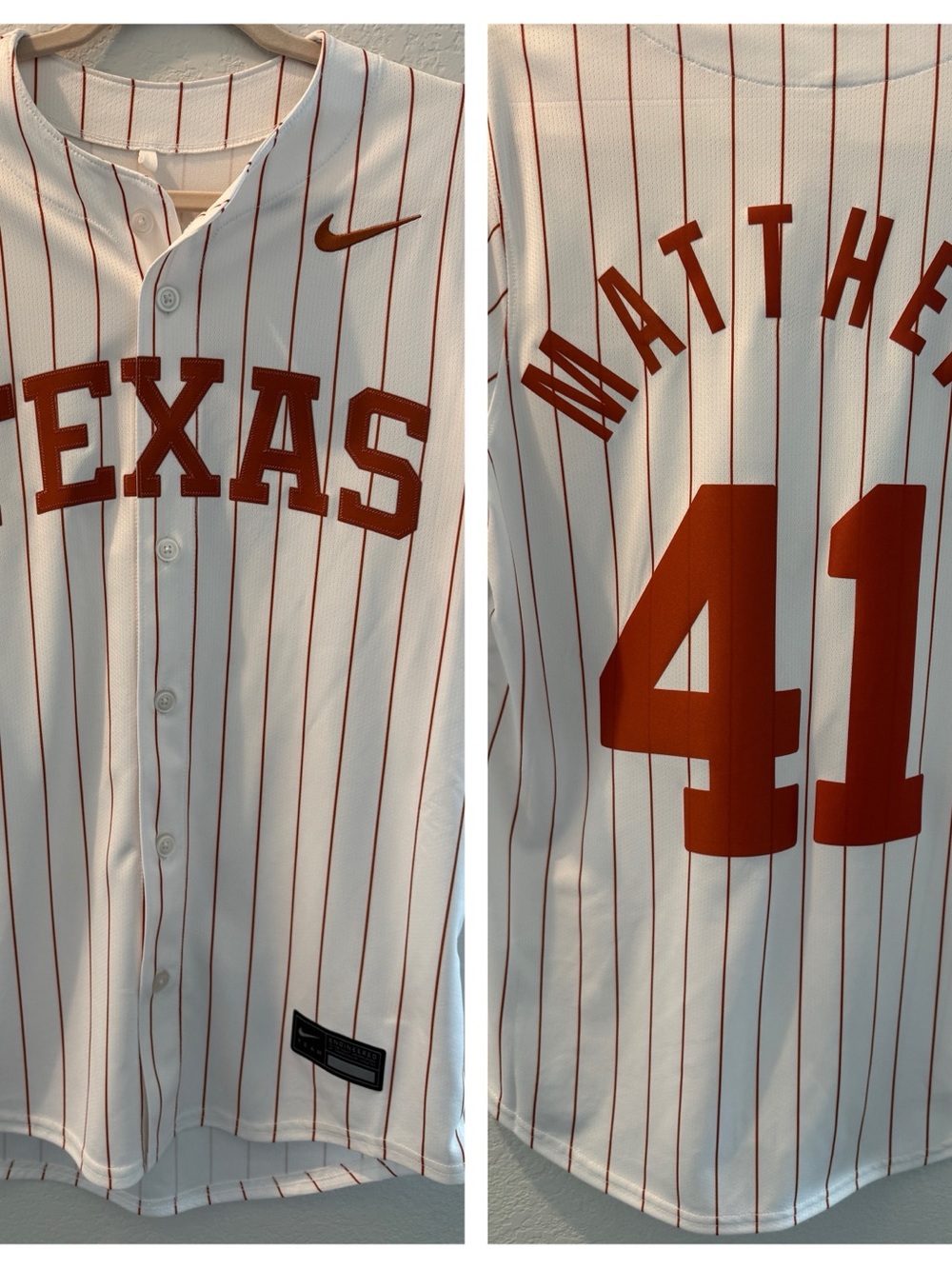 Nike Texas White Burnt Orange Pinstripe Baseball Jersey - #41 Matthews